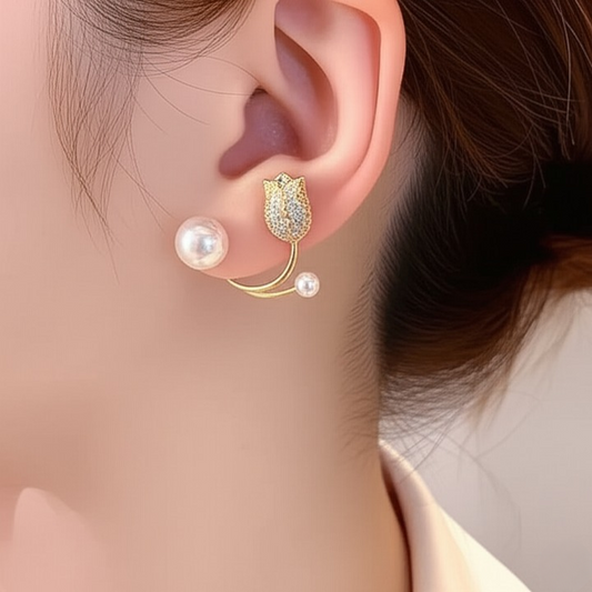 Beautiful Pearl Zircon Korean Flower Earrings